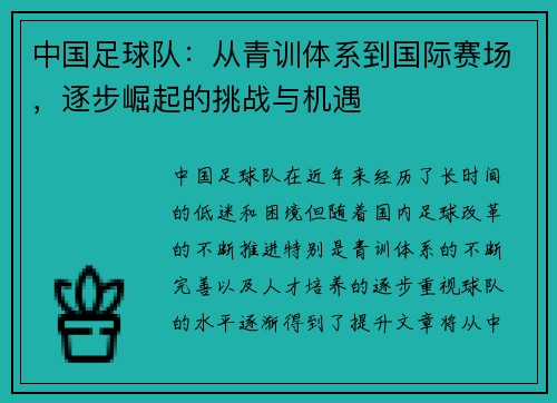 中国足球队：从青训体系到国际赛场，逐步崛起的挑战与机遇